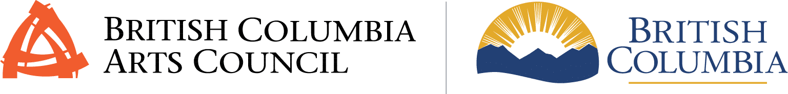 Logos of the British Columbia Arts Council (orange abstract symbol and text) and the Government of British Columbia (mountain and sun graphic with text) side by side on a white background.