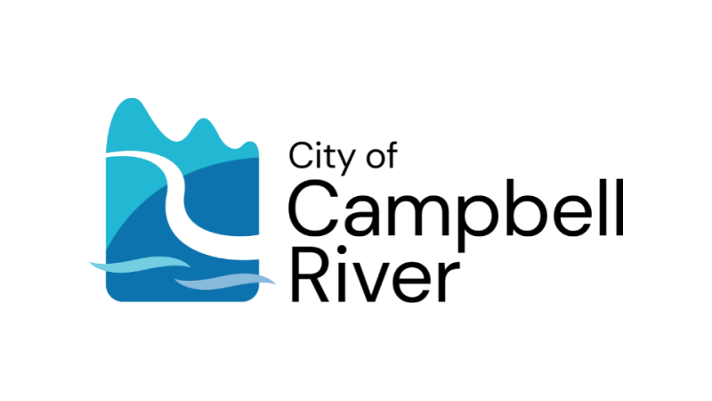 City of Campbell River logo featuring blue stylized mountains, a winding river, and waves, with black text reading "City of Campbell River" on a white background.