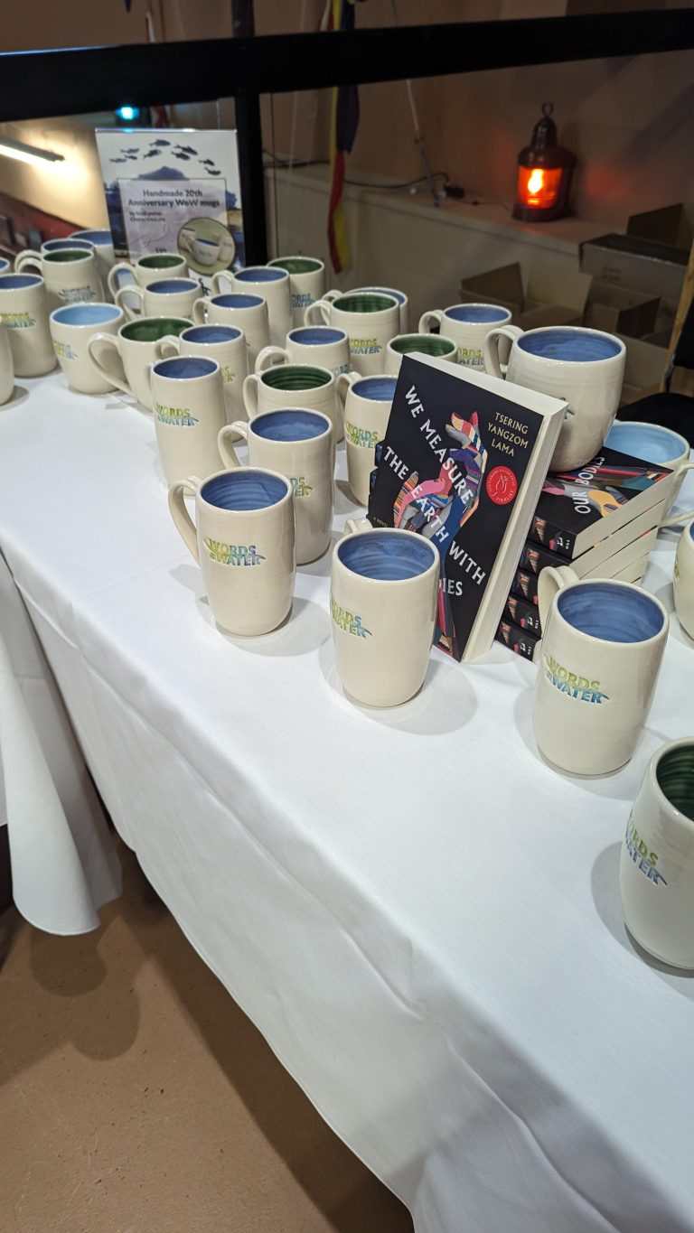 A table displays multiple white mugs with “WORDS ON THE WATER” printed on them, alongside a stack of books titled “The Maneater with Stories.” A lantern and informational sign are visible in the background.
