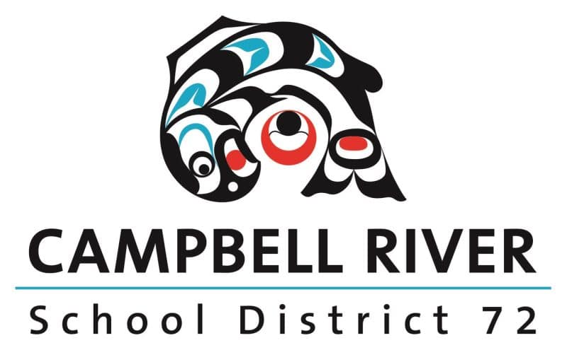 Logo of Campbell River School District 72 featuring a stylized, Indigenous art fish above the district name in bold black and teal text on a white background.