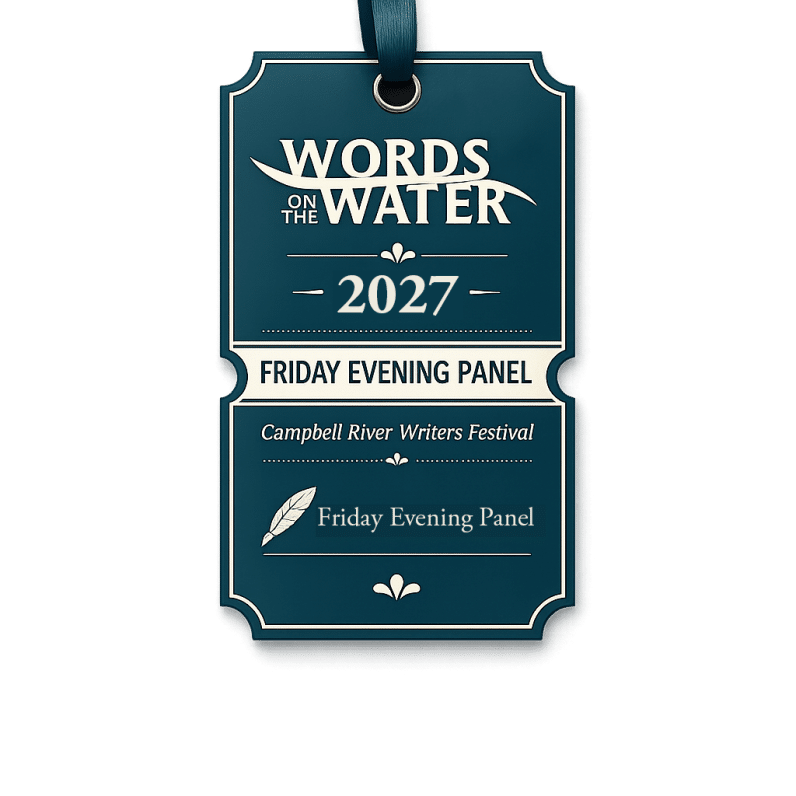 Dark blue event badge with white text reading “Words on the Water 2027, Friday Evening Panel, Campbell River Writers Festival.” There is a feather graphic and a ribbon at the top for wearing.