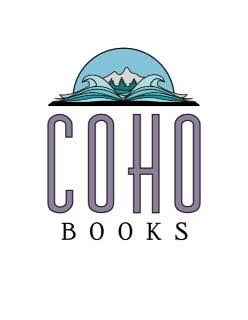 Logo for COHO Books. Features stylized waves and a mountain with trees above the text "COHO" in large, purple letters, and "BOOKS" in smaller, black letters below.