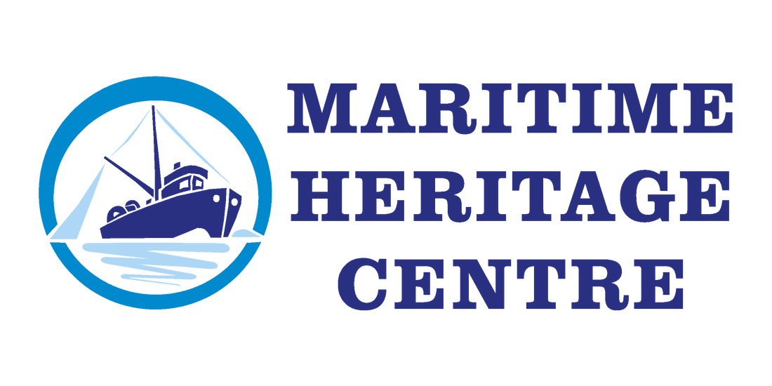 Logo for Maritime Heritage Centre: a stylized blue ship inside a circular border with faint waves and a sail in the background; “MARITIME HERITAGE CENTRE” in bold blue text to the right.