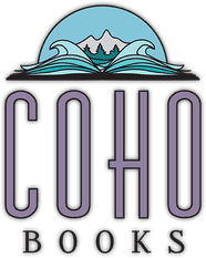 Logo for COHO Books featuring an open book with ocean waves and a mountain in the background. The text “COHO BOOKS” is written below in large, stylized purple and black letters.